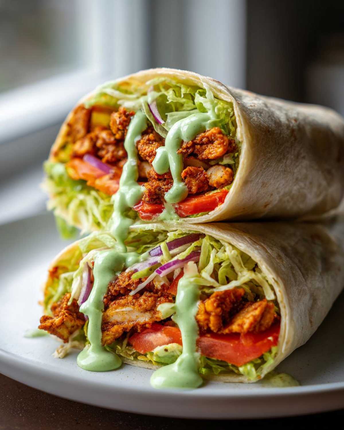 Two halves of a Crispy Chicken Wrap with Avocado Sauce stacked, showing seasoned chicken, lettuce, tomato, and red onion.