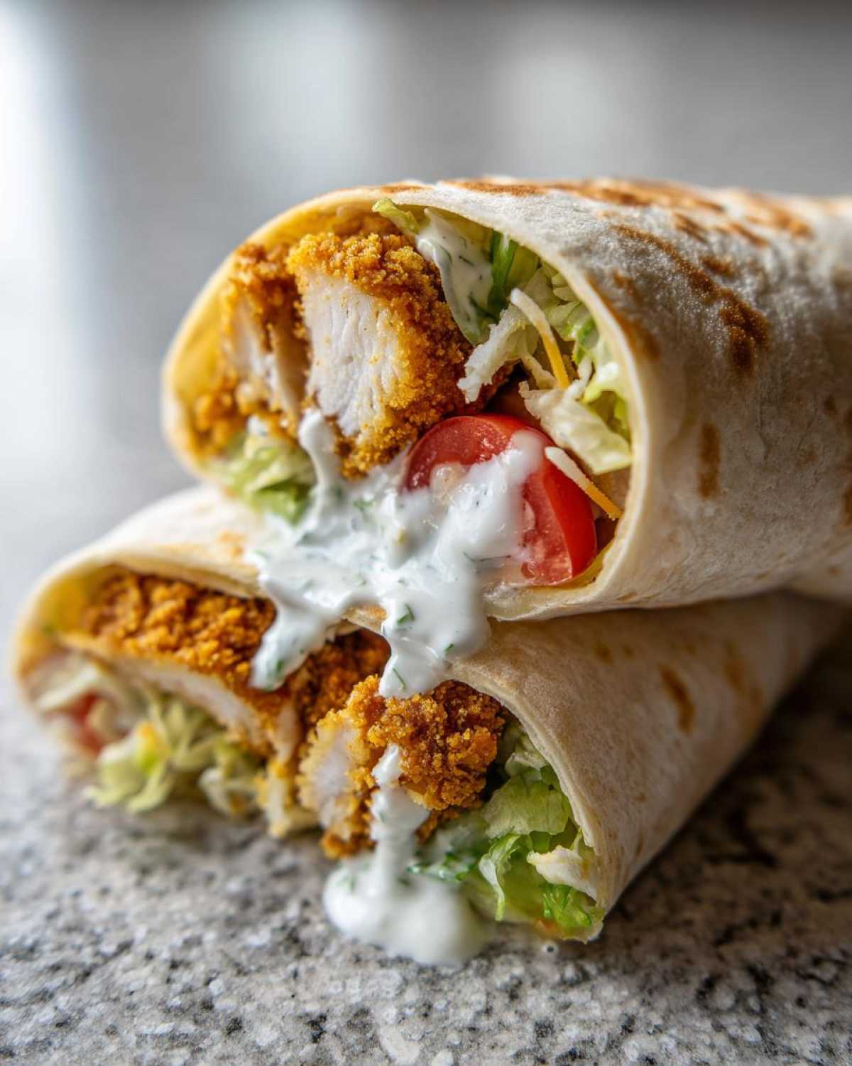 Close-up of a Crispy Chicken Wrap cut in half, showing crunchy chicken, lettuce, tomato, and dripping Creamy Ranch Sauce.