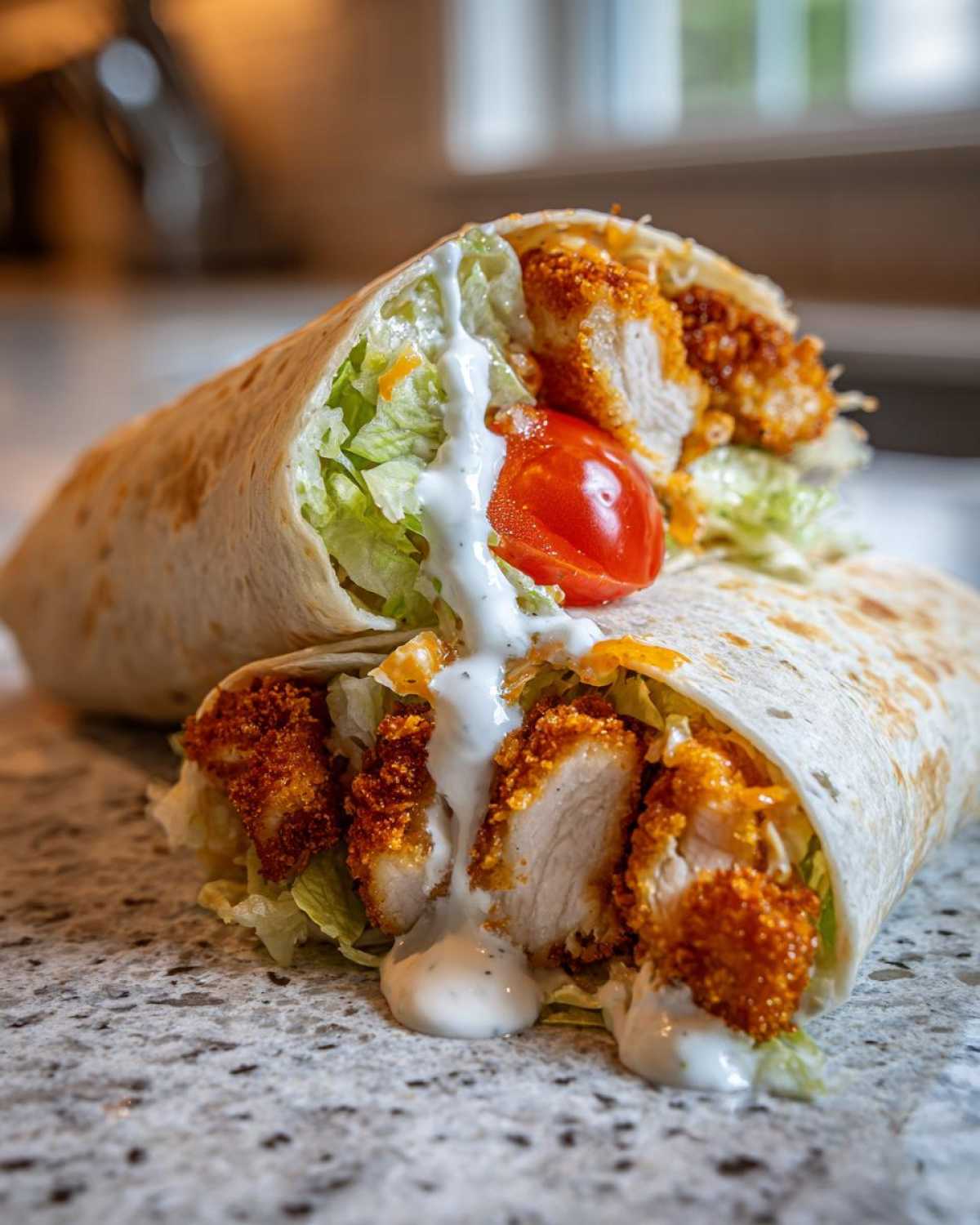 A cross-section of a Crispy Chicken Wrap with Creamy Ranch Sauce, showing crispy chicken, lettuce, and a tomato slice.