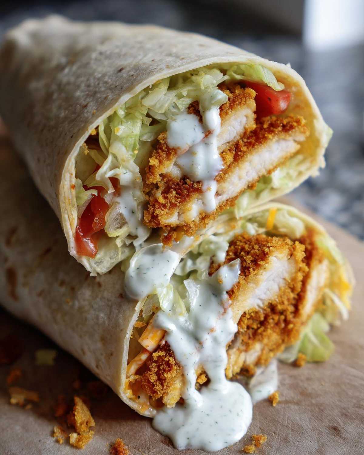 A cross-section view of a Crispy Chicken Wrap with Creamy Ranch Sauce, showing fried chicken, lettuce, and tomatoes.