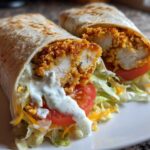 Close-up of a Crispy Chicken Wrap with Creamy Ranch Sauce, cut to show the crunchy chicken, lettuce, and tomato.