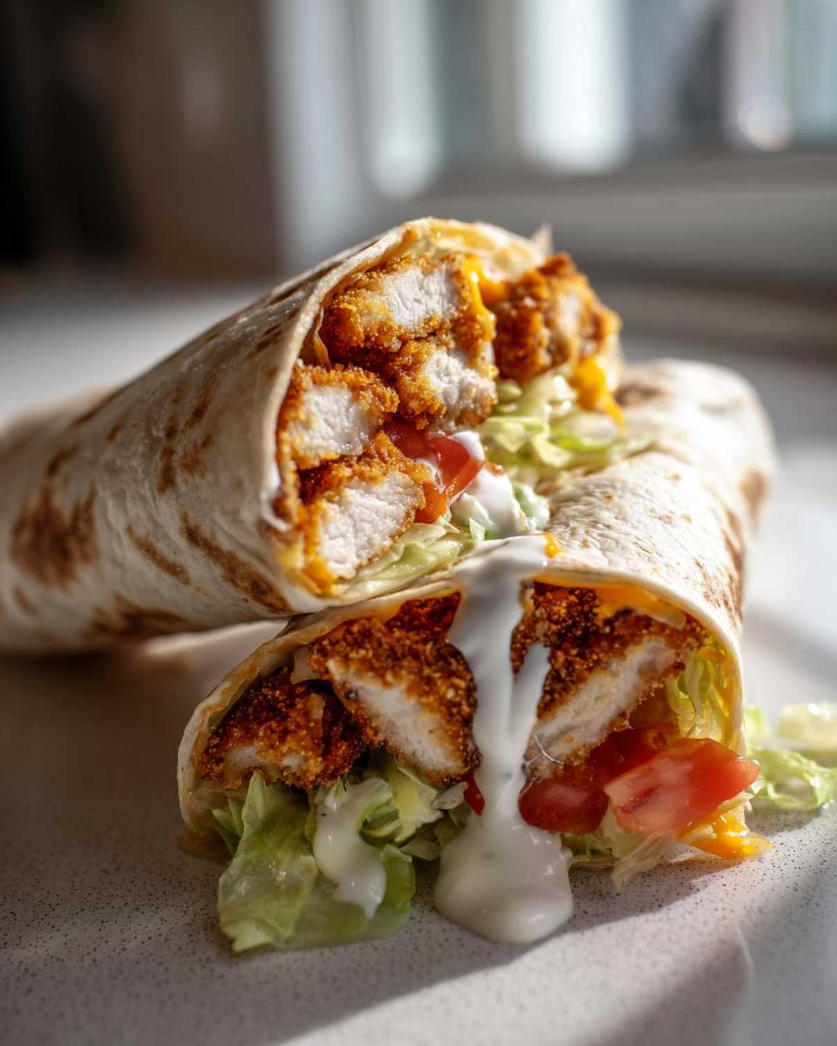 Two halves of a Crispy Chicken Wrap with Creamy Ranch Sauce, showing crispy chicken pieces, lettuce, and tomatoes inside a tortilla.