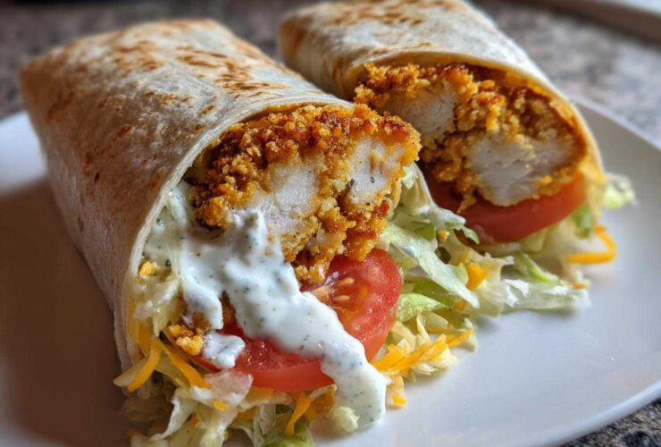 Close-up of a Crispy Chicken Wrap with Creamy Ranch Sauce, cut to show the crunchy chicken, lettuce, and tomato.