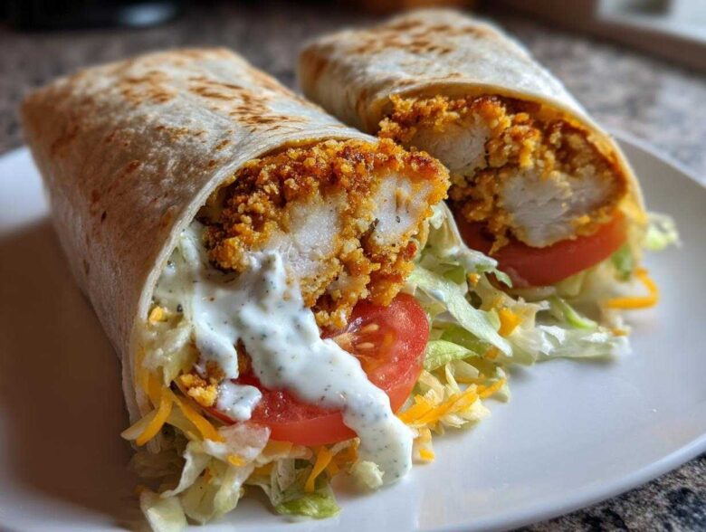 Close-up of a Crispy Chicken Wrap with Creamy Ranch Sauce, cut to show the crunchy chicken, lettuce, and tomato.