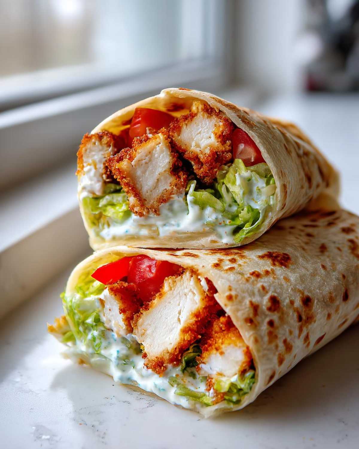 Two halves of a Crispy Chicken Wrap with Garlic Yogurt Sauce, showing crispy chicken, lettuce, and tomato inside a tortilla.