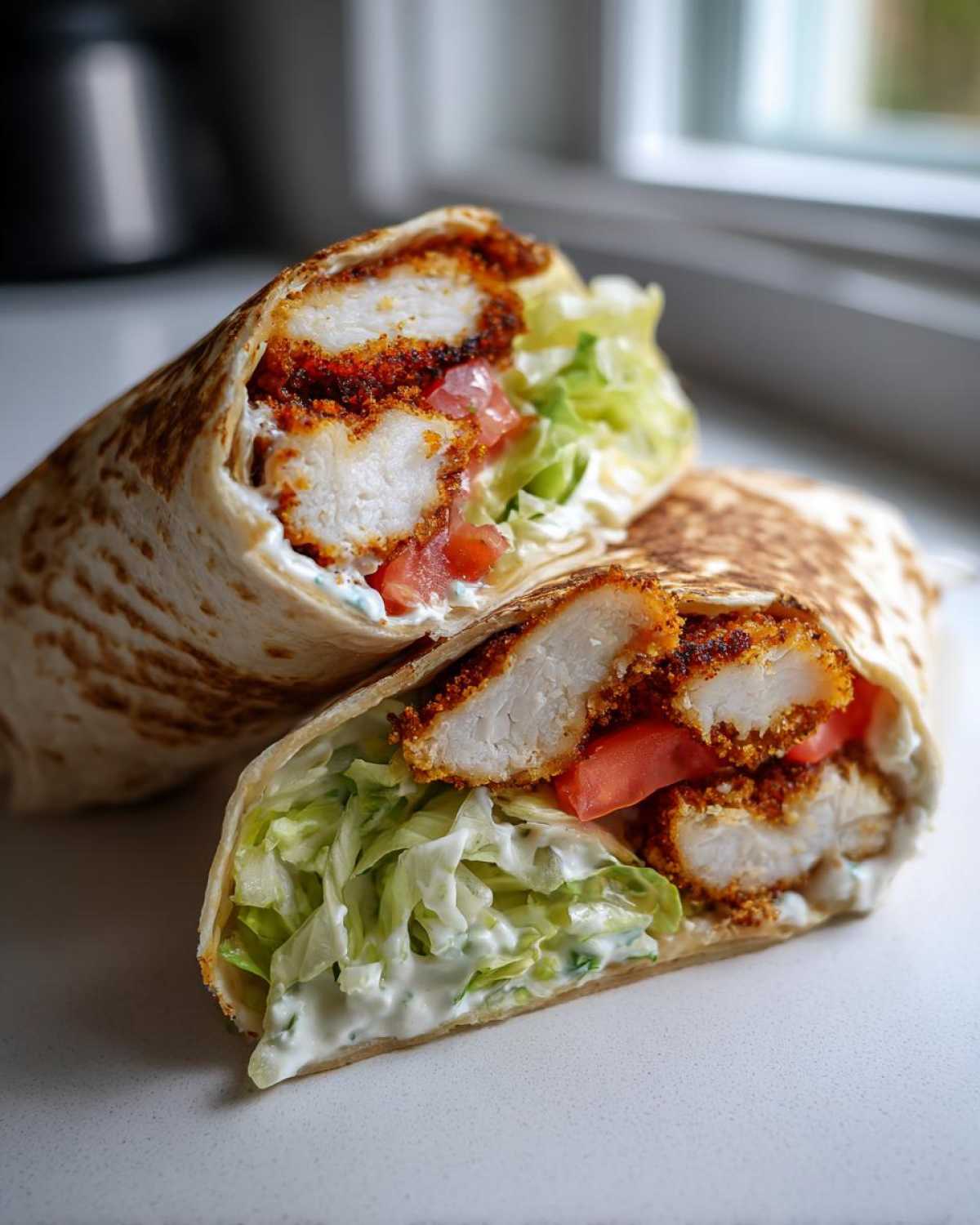 Close-up of a Crispy Chicken Wrap cut in half, showing golden fried chicken, lettuce, tomato, and garlic yogurt sauce.