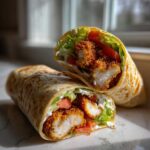 Two halves of a Crispy Chicken Wrap with Garlic Yogurt Sauce, showing crispy chicken, lettuce, tomato, and white sauce inside a tortilla.