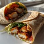 Cross-section view of a Crispy Chicken Wrap with Garlic Yogurt Sauce, showing crispy chicken, lettuce, and tomato inside a tortilla.
