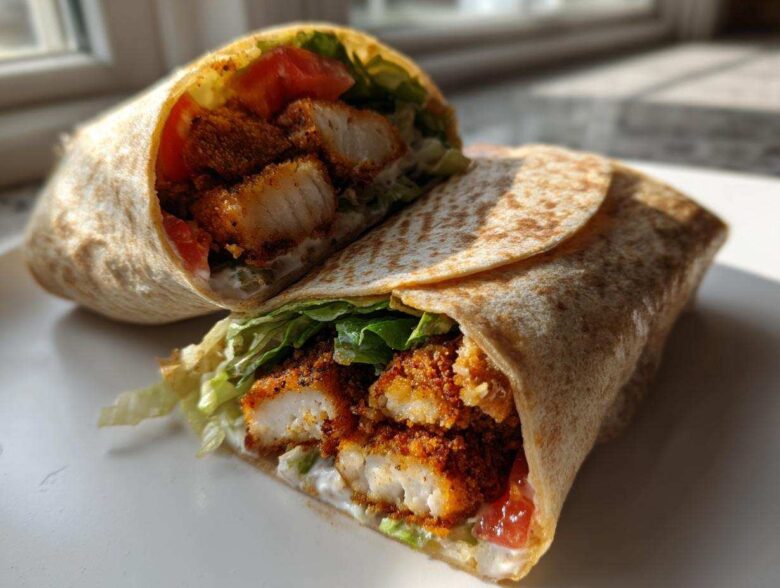 Cross-section view of a Crispy Chicken Wrap with Garlic Yogurt Sauce, showing crispy chicken, lettuce, and tomato inside a tortilla.