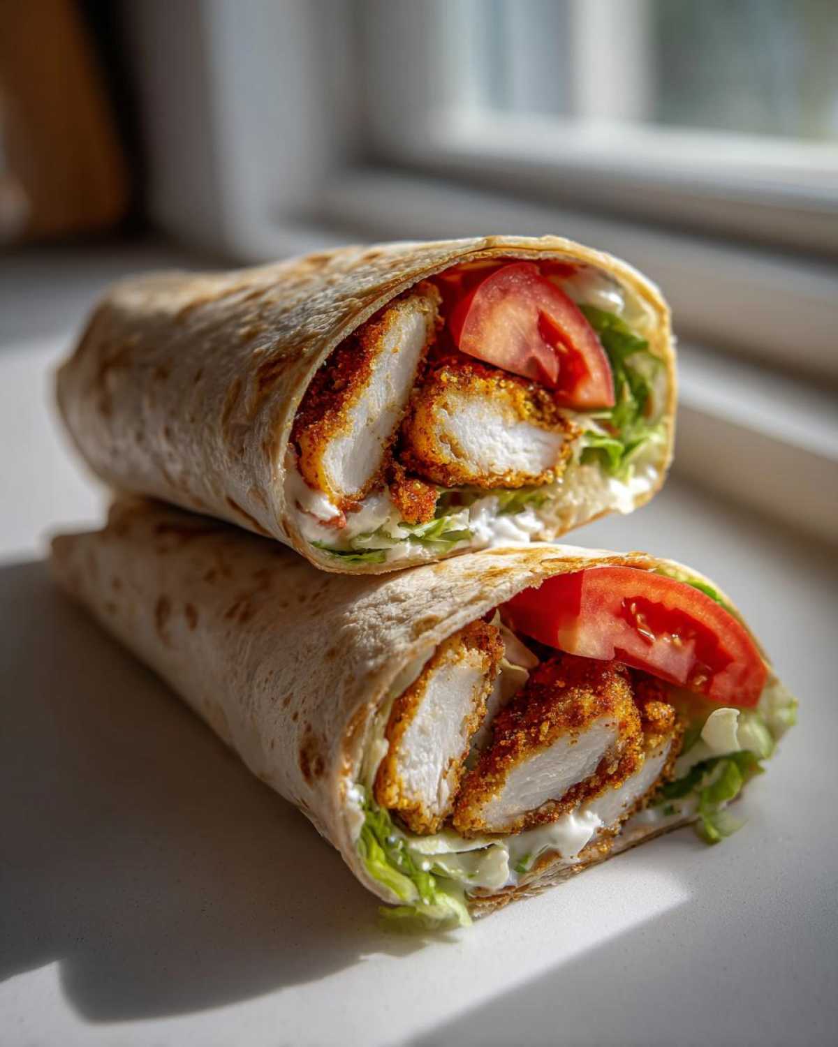 Two halves of a Crispy Chicken Wrap with Garlic Yogurt Sauce, showing crispy chicken, lettuce, and tomato.