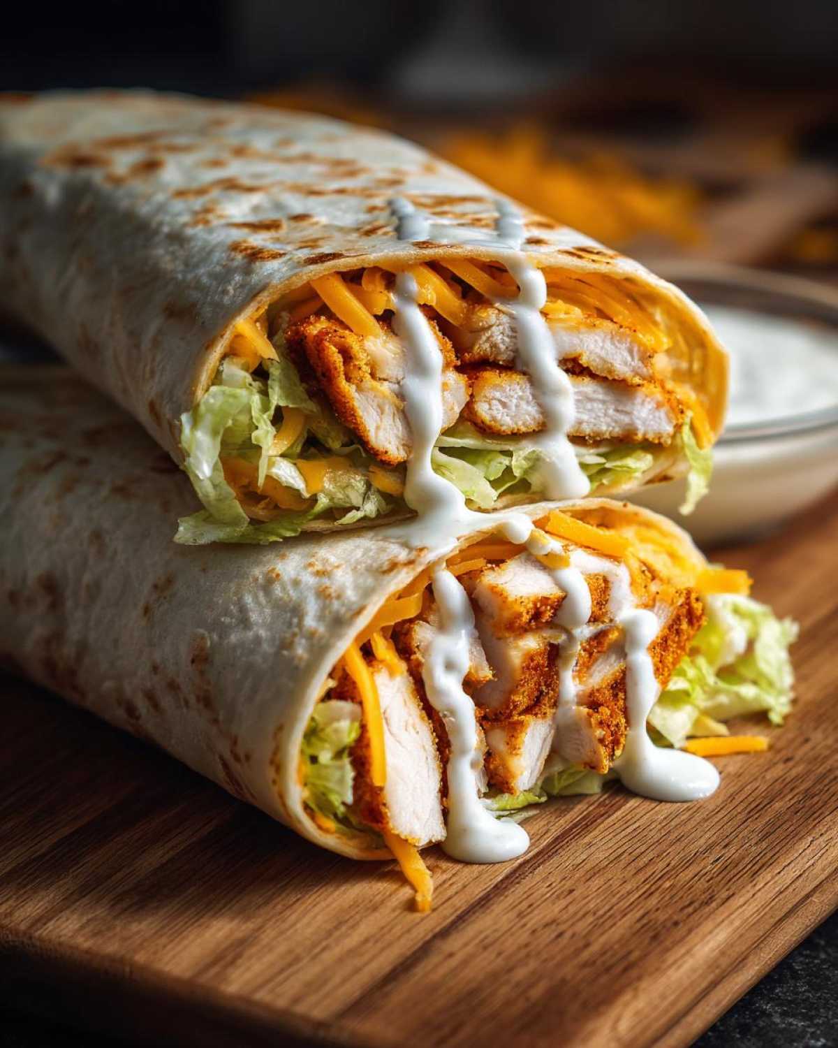 Two halves of a Crispy Chicken Wrap with Spicy Ranch Sauce, showing crispy chicken, lettuce, and cheese.