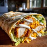 Cross-section of a Crispy Chicken Wrap showing crunchy chicken, lettuce, cheese, and drizzled with spicy ranch sauce.