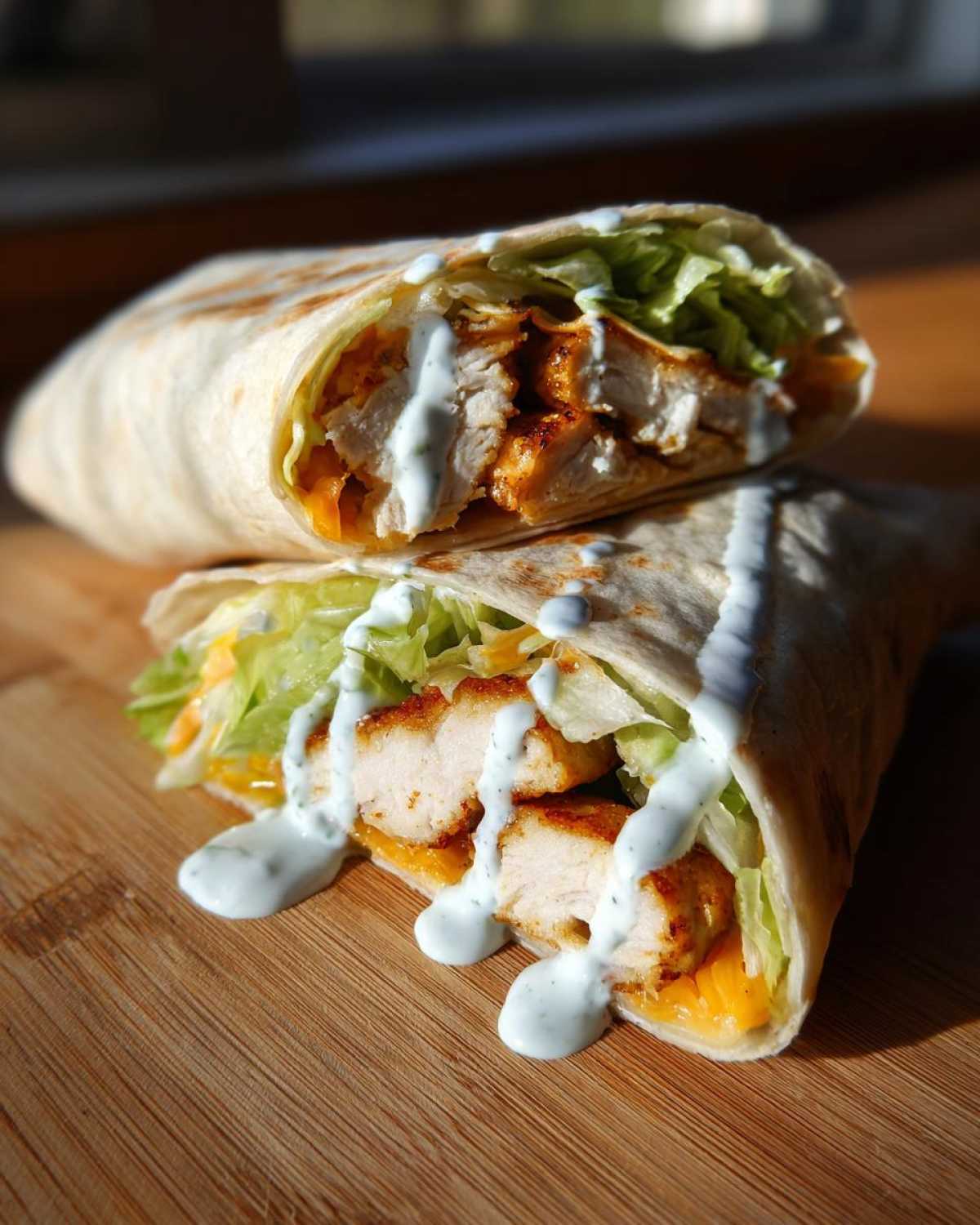 Two halves of a Crispy Chicken Wrap with Spicy Ranch Sauce, showing crispy chicken, lettuce, and cheese, drizzled with sauce.