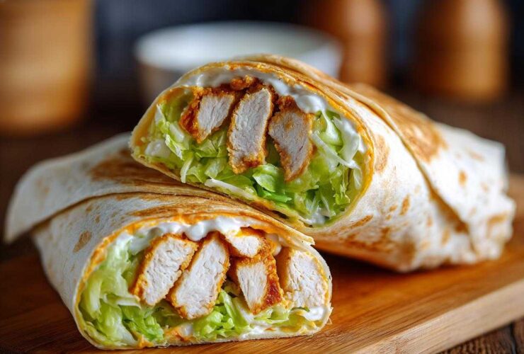 A cross-section of a Crispy Chicken Wrap with Spicy Ranch Sauce, showing crispy chicken, lettuce, and sauce inside a tortilla.