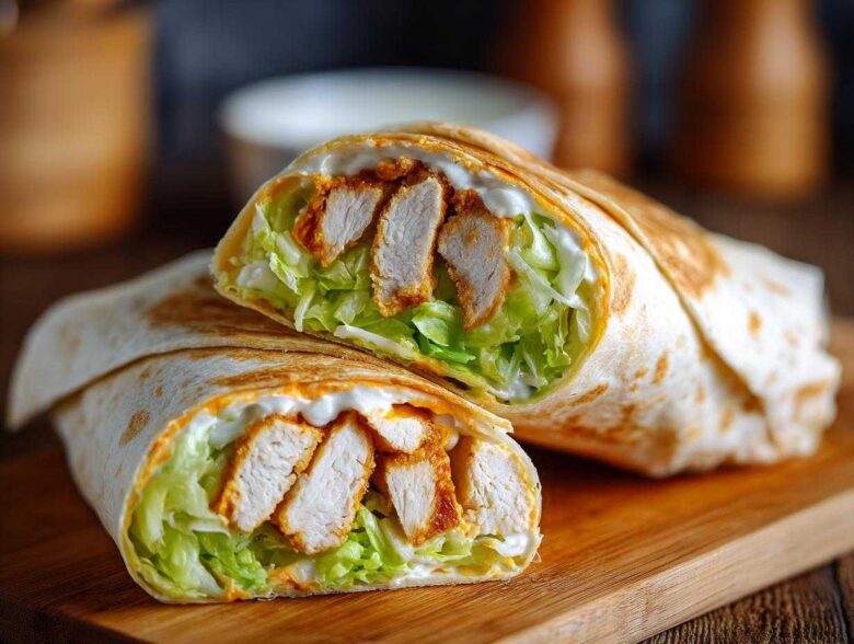 A cross-section of a Crispy Chicken Wrap with Spicy Ranch Sauce, showing crispy chicken, lettuce, and sauce inside a tortilla.