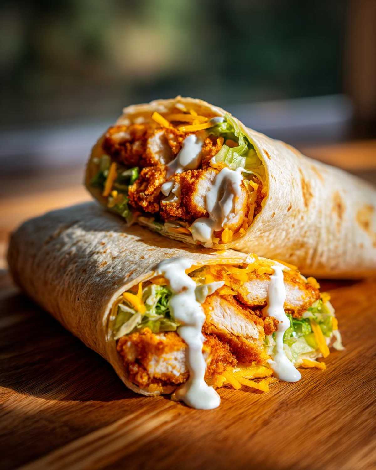 Cross-section of a Crispy Chicken Wrap with spicy ranch sauce drizzled over fried chicken, lettuce, and cheese.