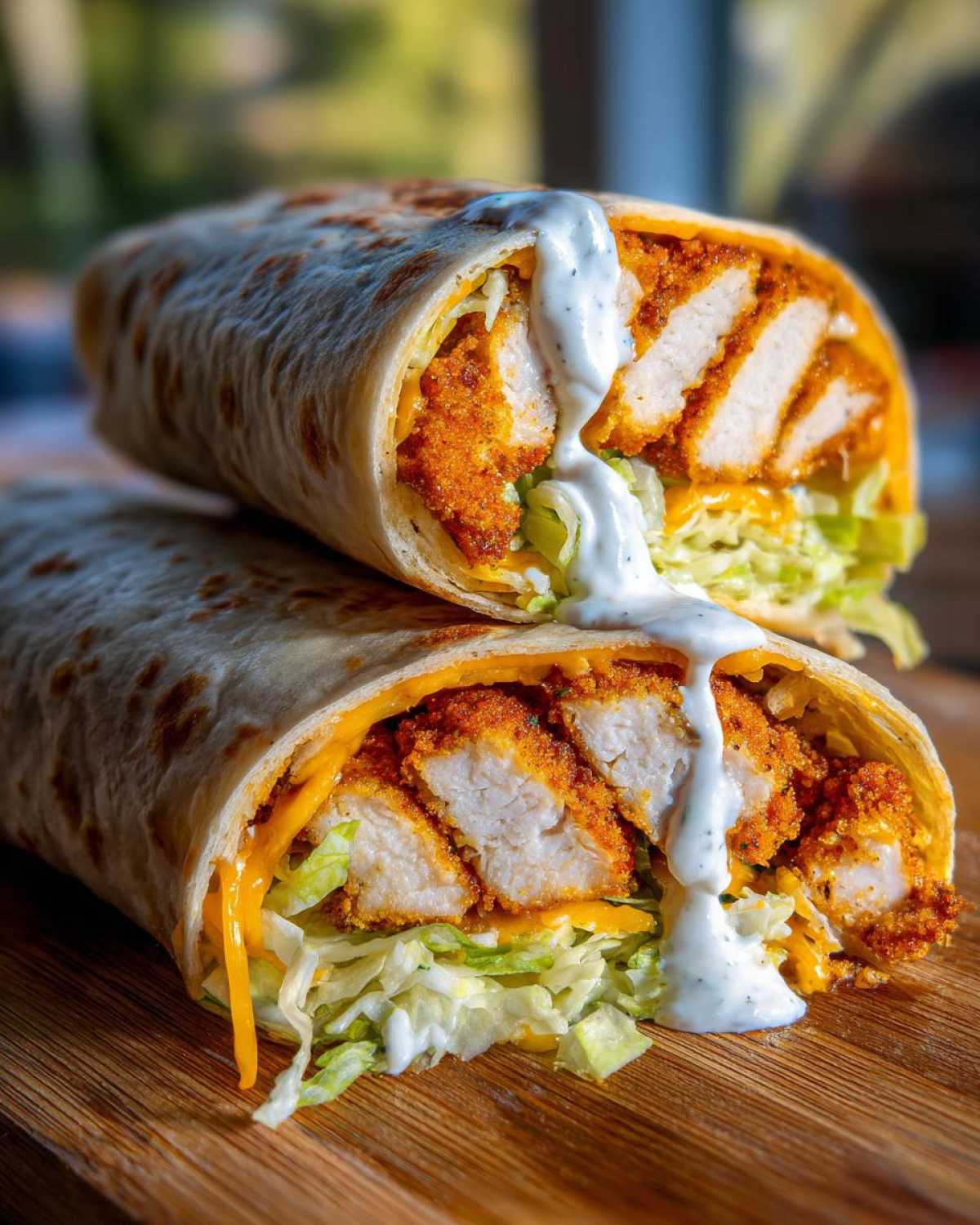 Two halves of a Crispy Chicken Wrap with Spicy Ranch Sauce, showing crispy chicken, lettuce, and cheese.