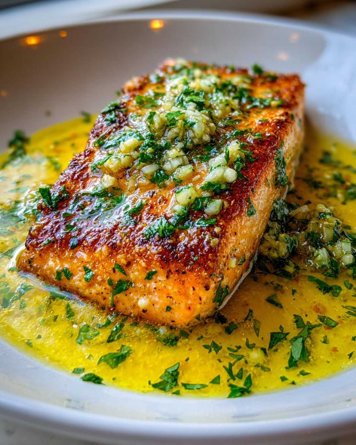 Close-up of a perfectly seared fillet of Garlic Butter Salmon with crispy edges, swimming in melted butter sauce and topped with minced garlic and parsley.