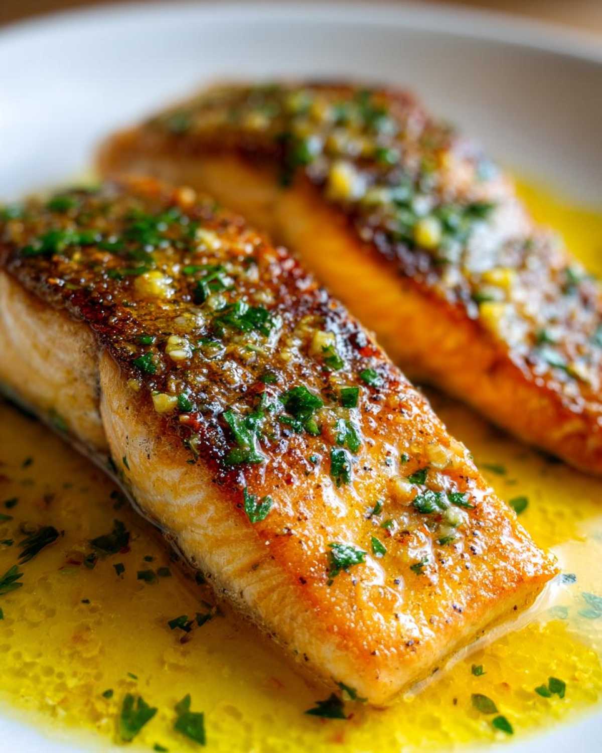 Two perfectly cooked fillets of Garlic Butter Salmon with crispy edges resting in melted butter sauce.