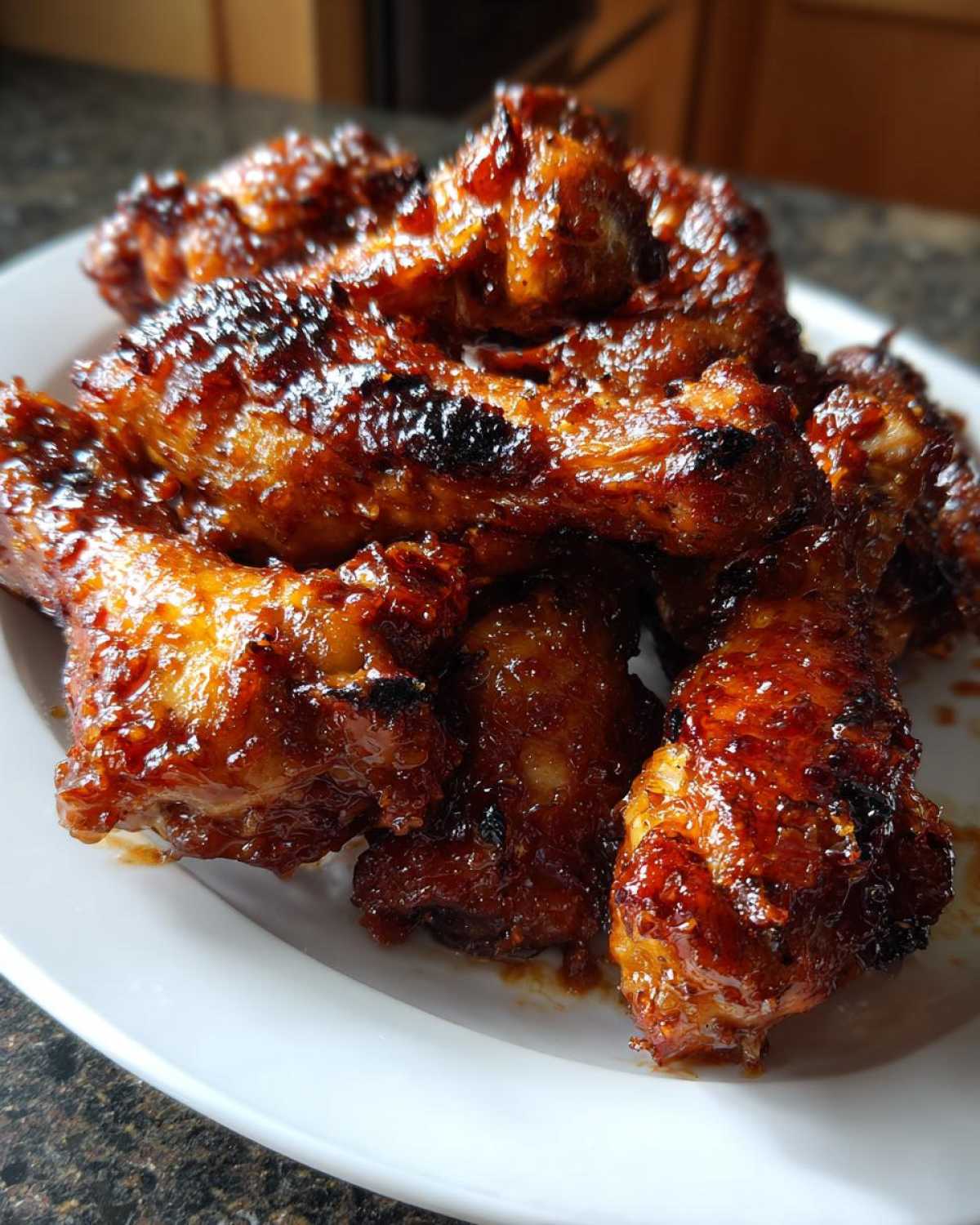 A plate piled high with glossy, caramelized Crispy Honey Garlic Chicken Drumsticks Oven Baked.