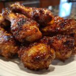 A close-up of several oven-baked Crispy Honey Garlic Chicken Drumsticks piled high on a white plate.