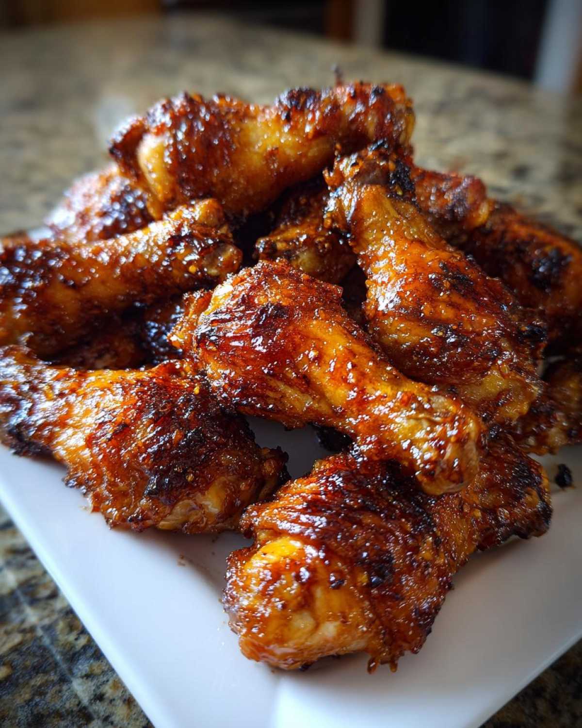 A close-up pile of oven-baked Crispy Honey Garlic Chicken Drumsticks, glazed and caramelized.