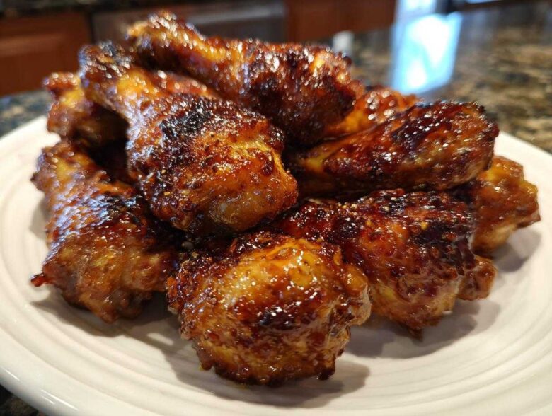 A close-up of several oven-baked Crispy Honey Garlic Chicken Drumsticks piled high on a white plate.