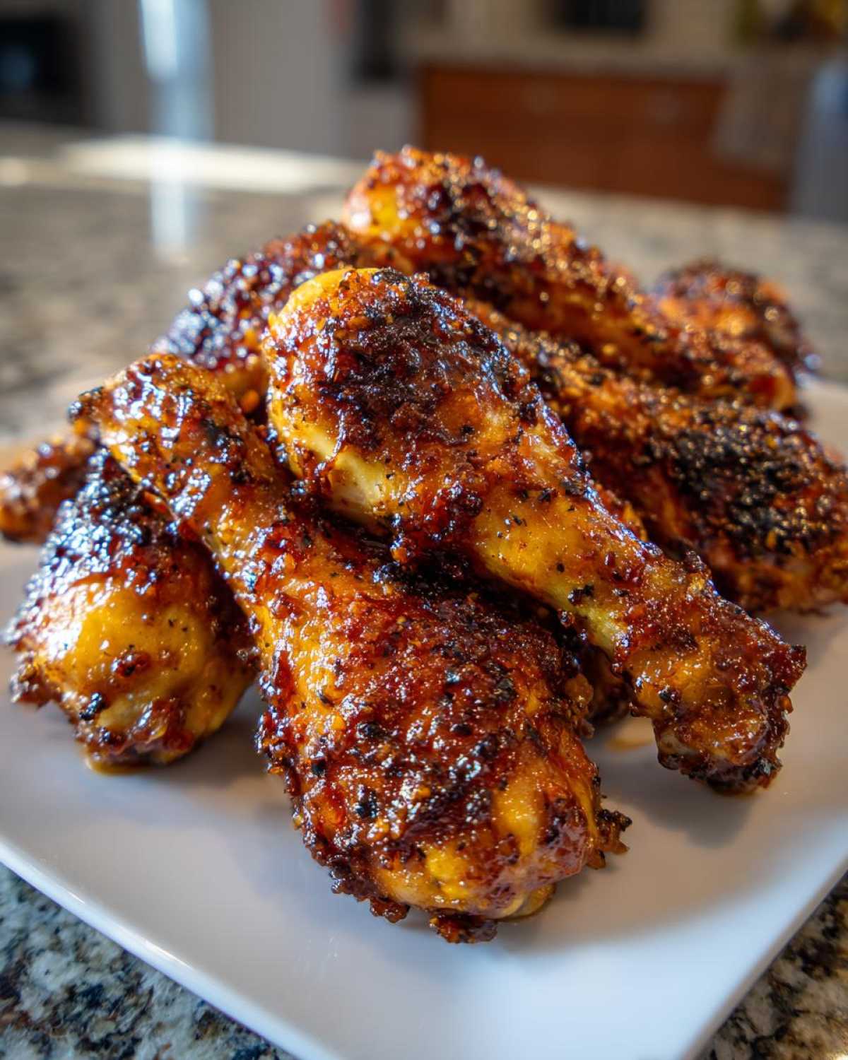 A close-up of several Crispy Honey Garlic Chicken Drumsticks Oven Baked piled high on a white serving plate.