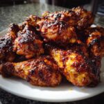 Close-up of a pile of glossy, caramelized Crispy Honey Garlic Chicken Drumsticks Oven Baked on a white plate.