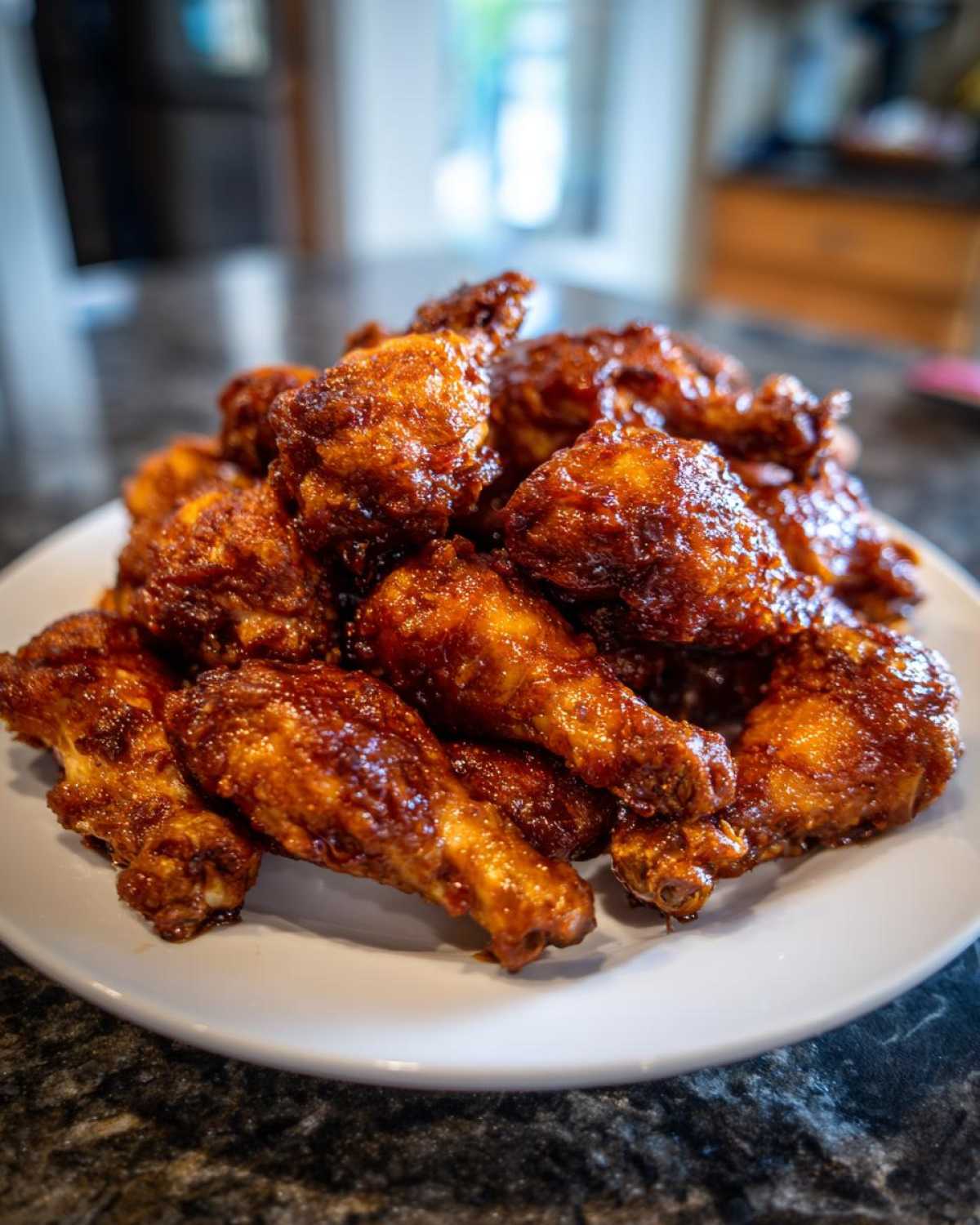 A white plate piled high with glossy, caramelized Crispy Honey Garlic Chicken Drumsticks Oven Baked.