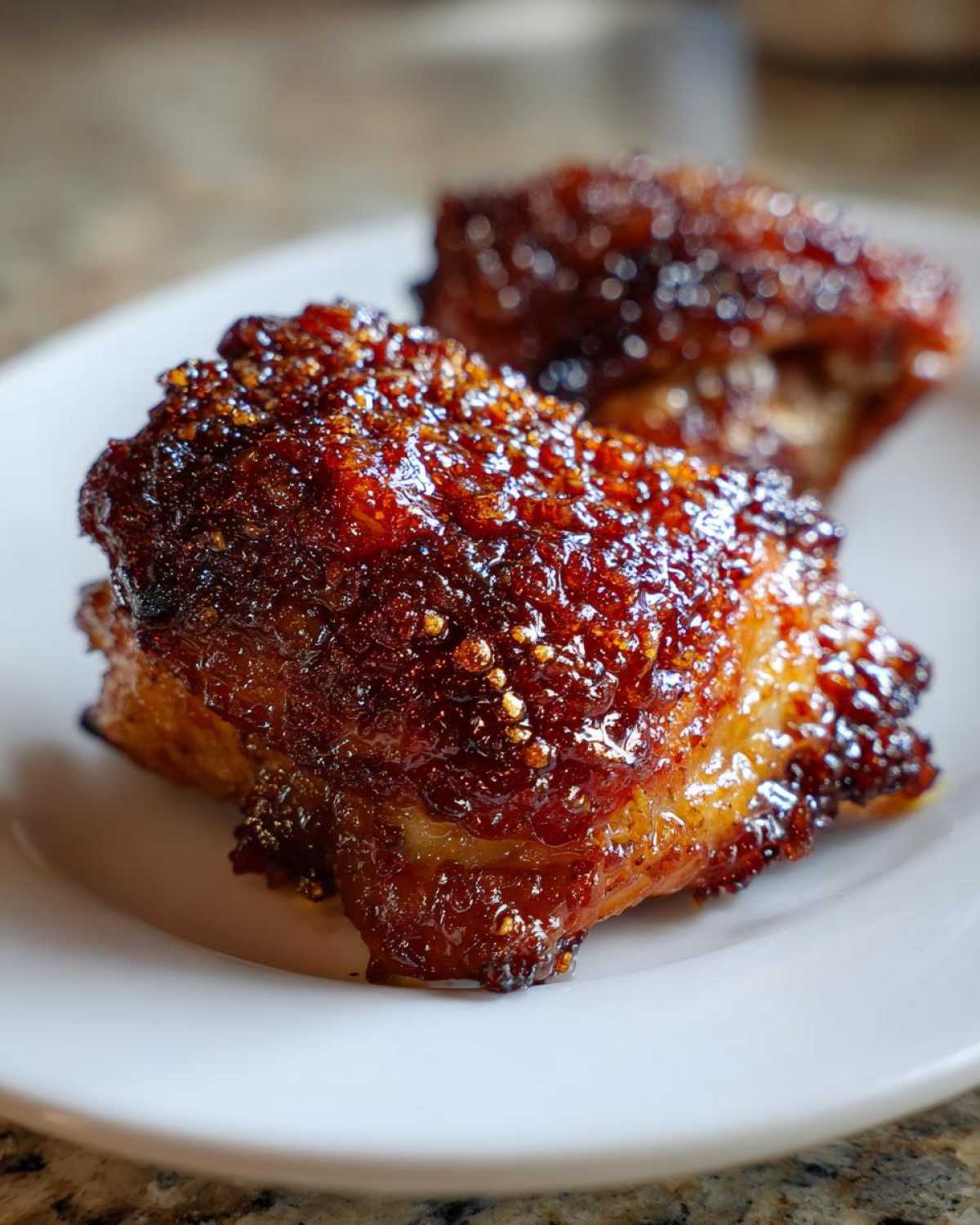 Close-up of Honey Garlic Chicken Thighs with incredibly crispy, dark, and glossy skin.
