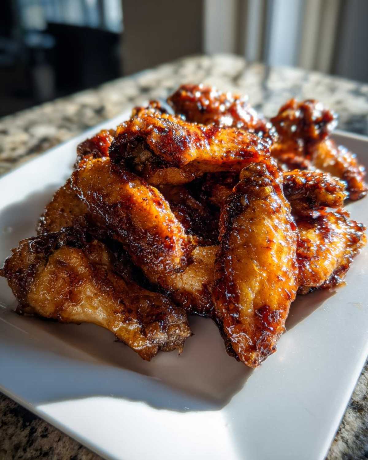 Close-up of glistening, crispy Honey Soy Chicken Wings Crispy Oven Baked piled on a white plate.