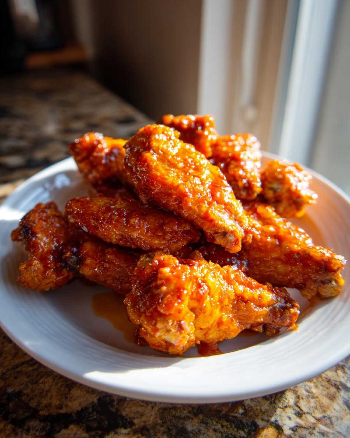 A close-up of several crispy Honey Sriracha Chicken Wings coated in a glossy, orange-red sauce, piled on a white plate.