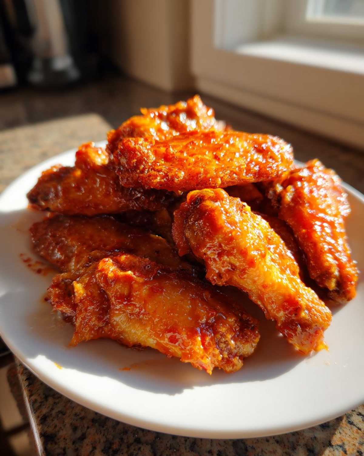 A pile of glistening, crispy oven baked Honey Sriracha Chicken Wings coated in a bright orange-red sauce on a white plate.