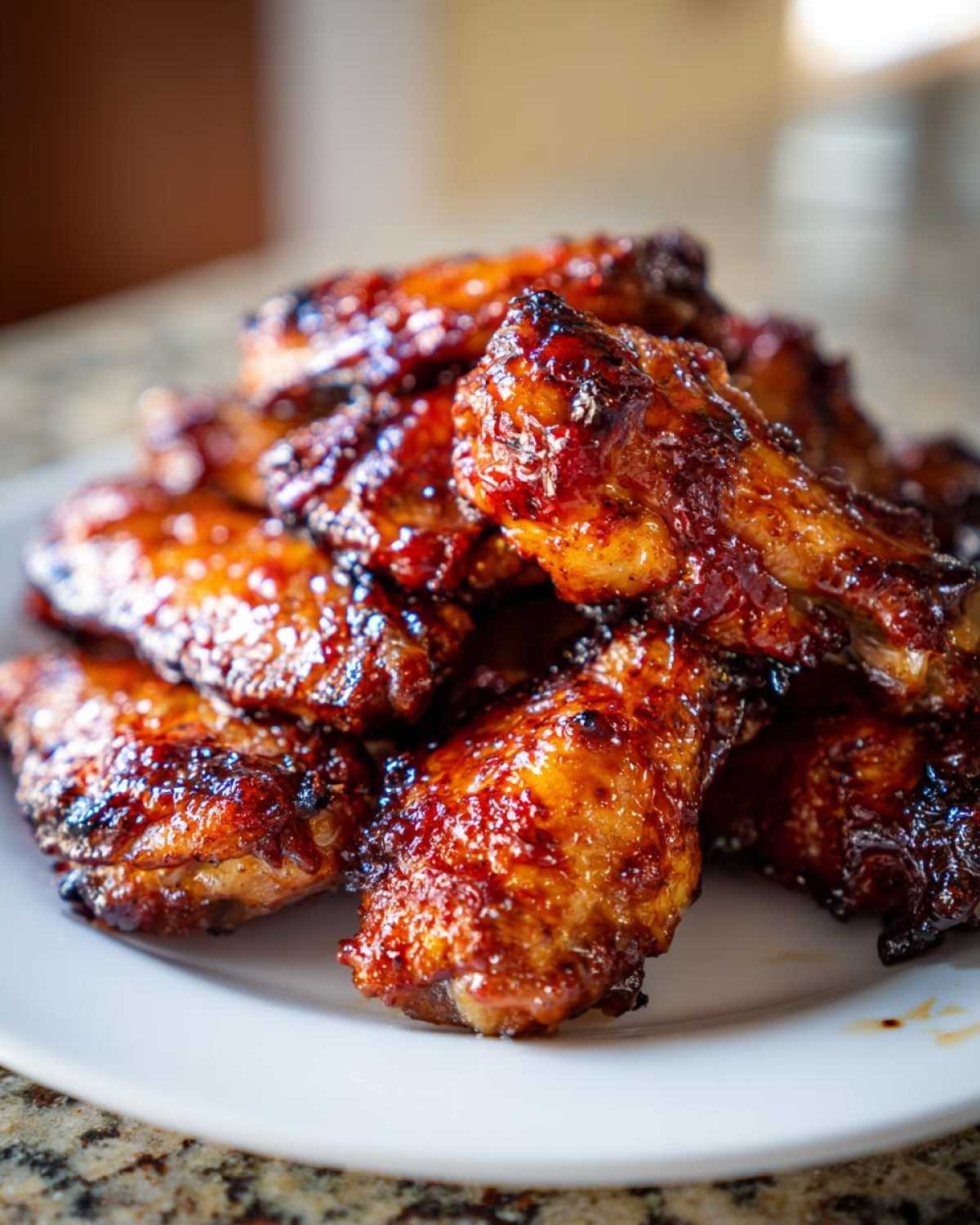 A close-up of a mound of perfectly cooked Sticky Teriyaki Chicken Wings Crispy Oven Baked on a white plate.