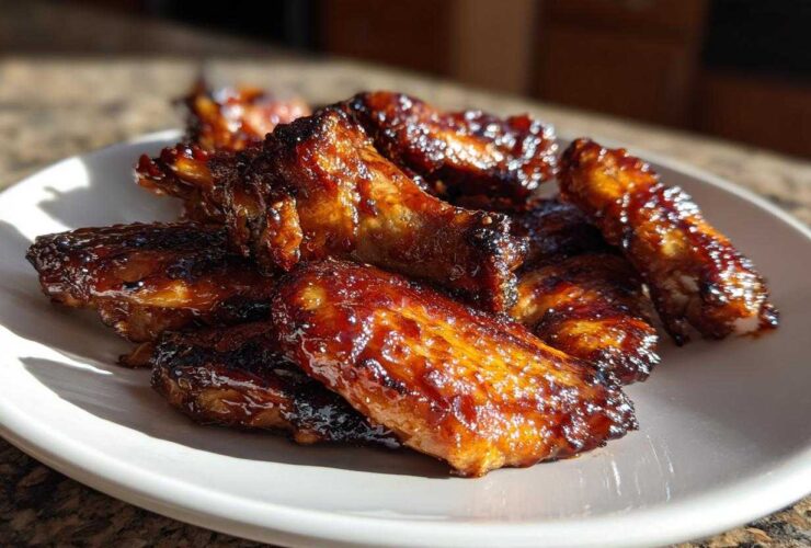A close-up of oven baked Sticky Teriyaki Chicken Wings piled high on a white plate, glistening with sauce.