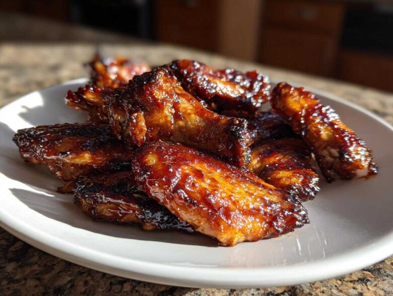 A close-up of oven baked Sticky Teriyaki Chicken Wings piled high on a white plate, glistening with sauce.
