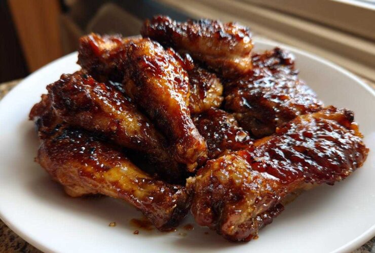 A pile of crispy Sticky Honey Garlic Chicken Drumsticks coated in a thick, glossy glaze, served on a white plate.