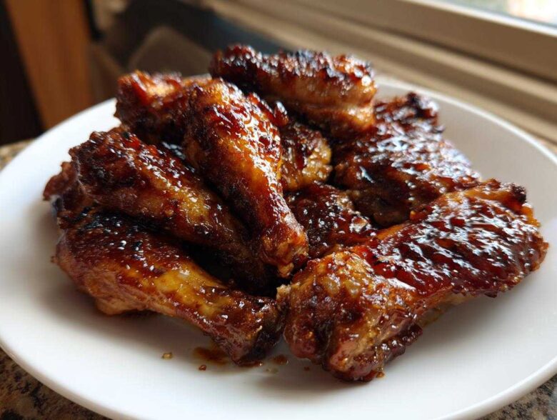A pile of crispy Sticky Honey Garlic Chicken Drumsticks coated in a thick, glossy glaze, served on a white plate.