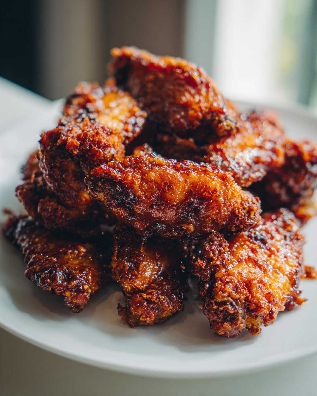 A close-up of crispy Sticky Orange Chicken Wings Crispy Oven Style piled high on a white plate.