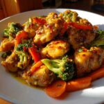 Close-up of glistening Garlic Butter Chicken Bites mixed with bright green broccoli and orange carrots.