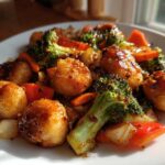 Close-up of glossy Garlic Butter Chicken Bites with broccoli, carrots, and onions on a white plate.