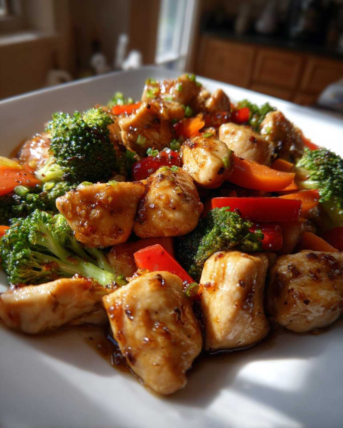 Close-up of glossy Garlic Butter Chicken Bites mixed with vibrant broccoli and red peppers.