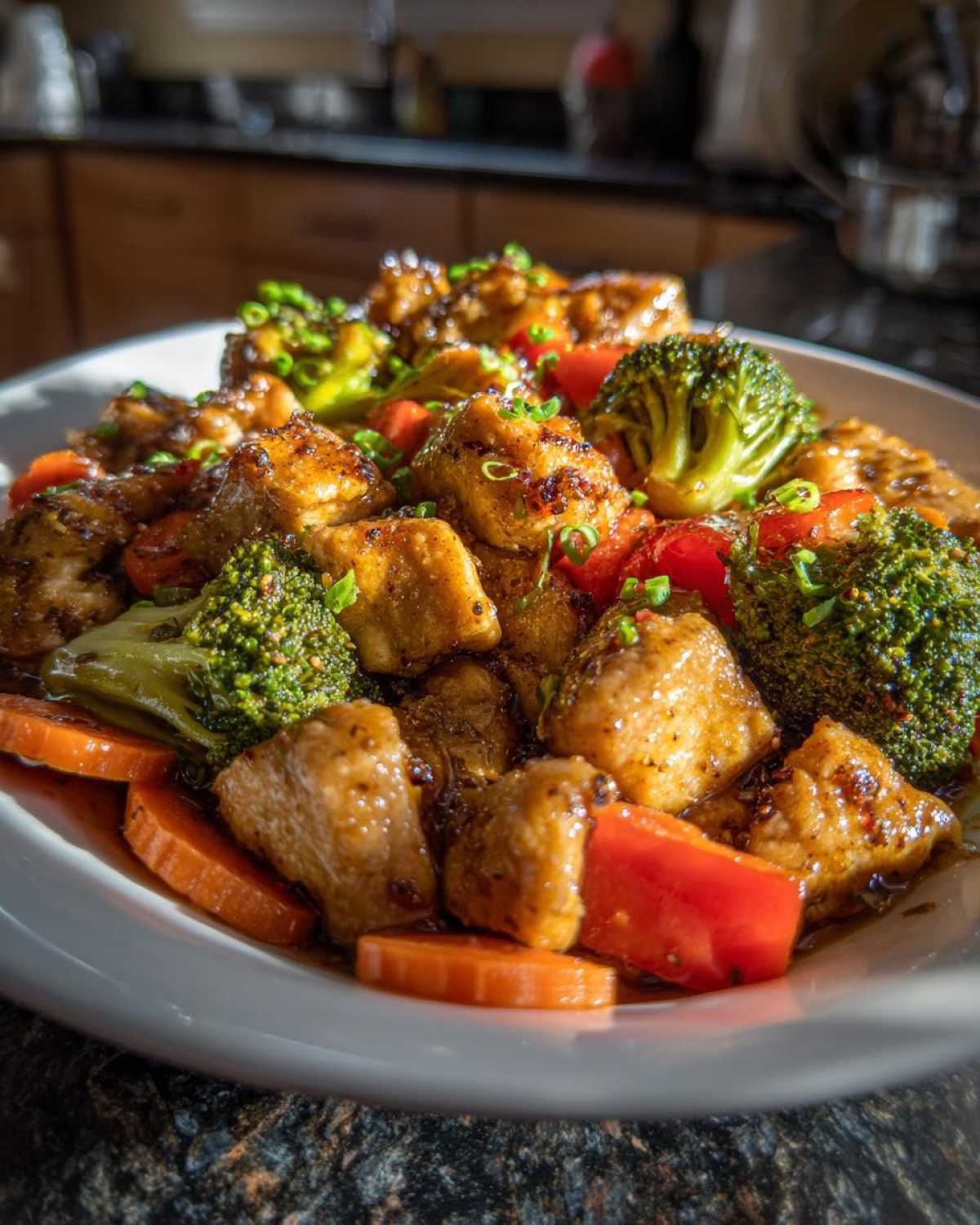 Close-up of Garlic Butter Chicken Bites mixed with bright green broccoli, red peppers, and sliced carrots in a savory sauce.