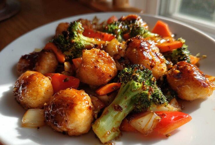Close-up of glossy Garlic Butter Chicken Bites with broccoli, carrots, and onions on a white plate.