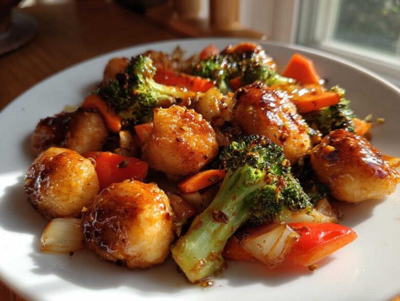 Close-up of glossy Garlic Butter Chicken Bites with broccoli, carrots, and onions on a white plate.