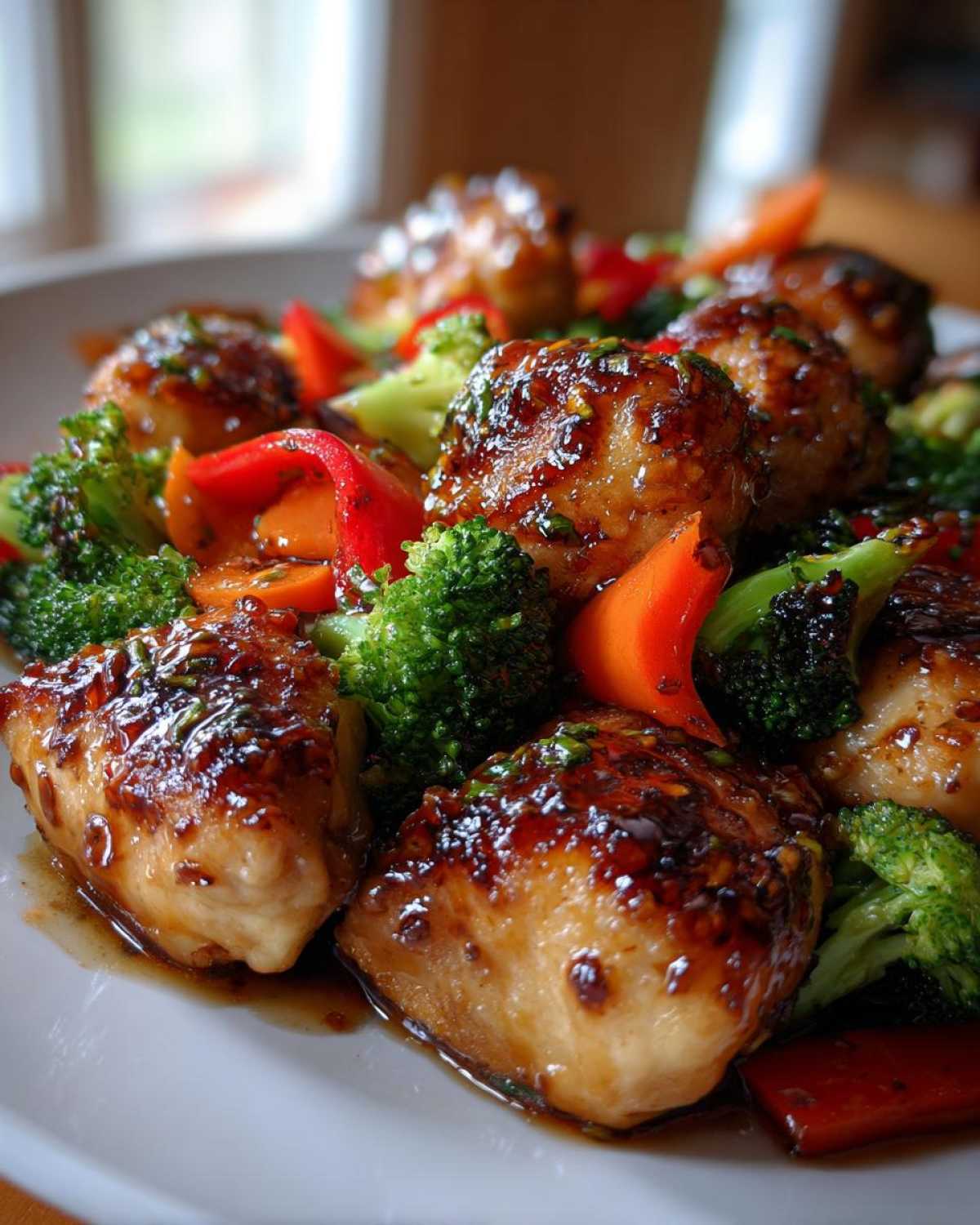 Close-up of glossy, glazed Garlic Butter Chicken Bites served with vibrant broccoli and red peppers.