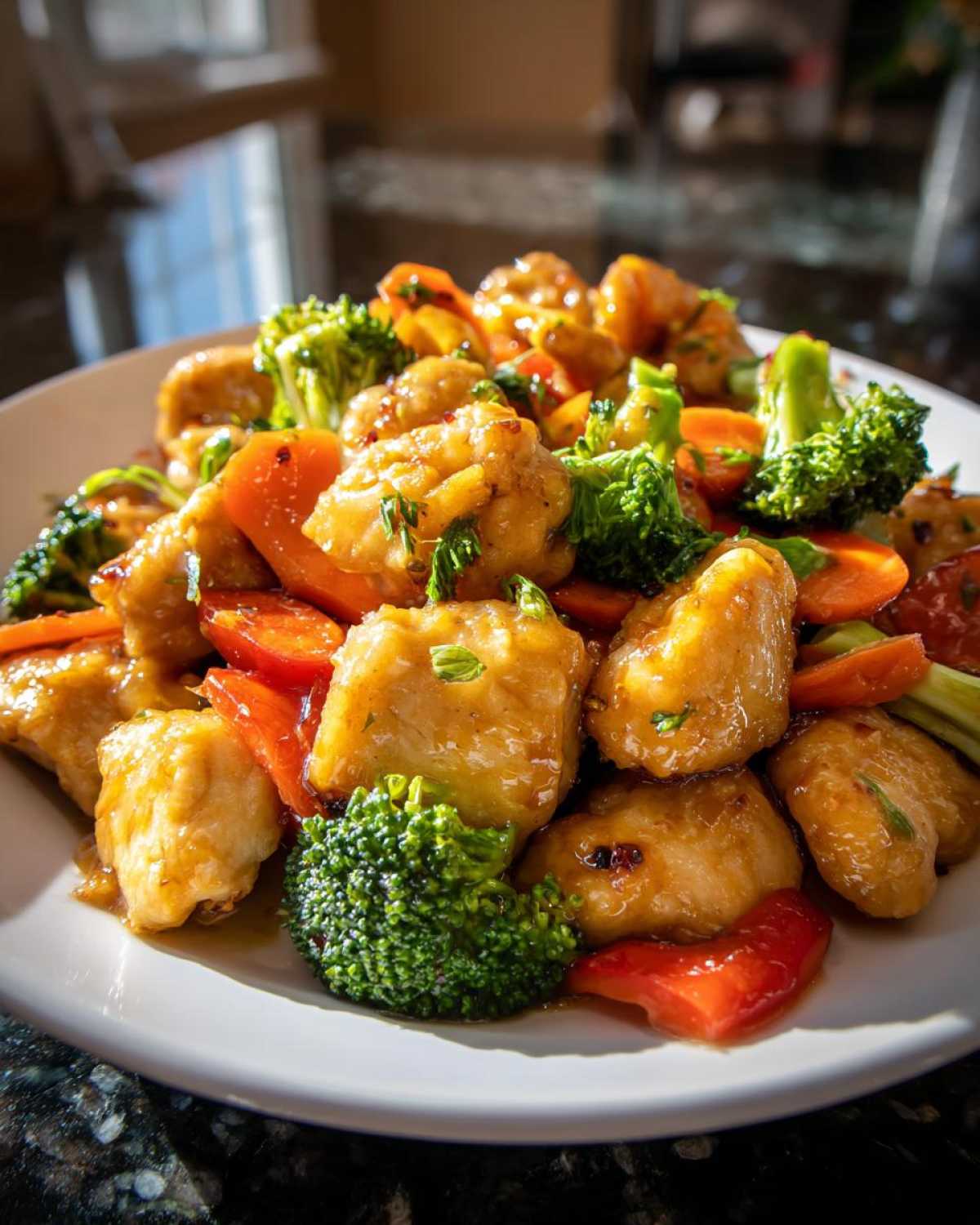 A close-up of golden Garlic Butter Chicken Bites mixed with bright green broccoli and sliced carrots on a white plate.