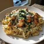 A close-up of creamy Garlic Butter Chicken Pasta with Parmesan cheese and fresh parsley garnish.