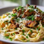 A close-up shot of creamy Garlic Butter Chicken Pasta with Parmesan cheese and fresh parsley.